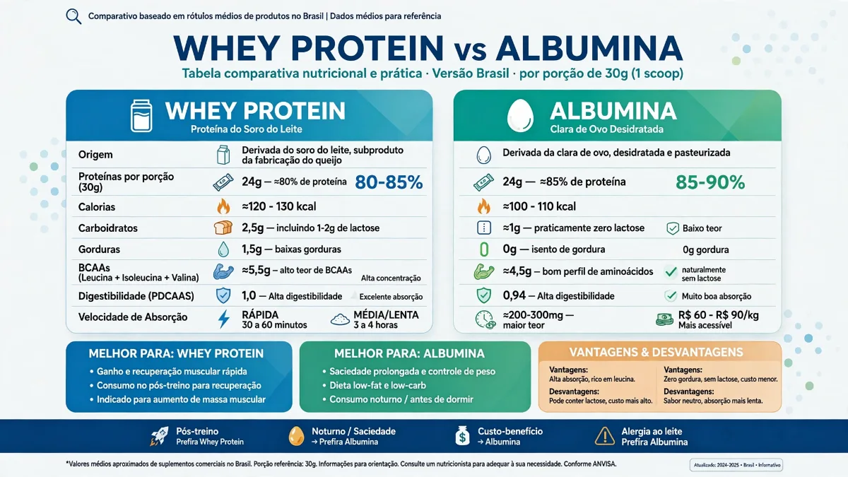 Tabela comparativa: Whey vs. Albumina lado a lado